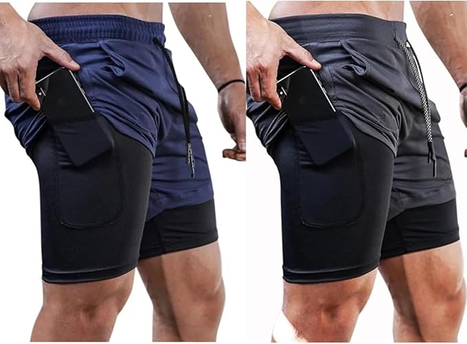 Kit 2 Shorts Masculino 2 em 1 Forrado G Preto e Azul