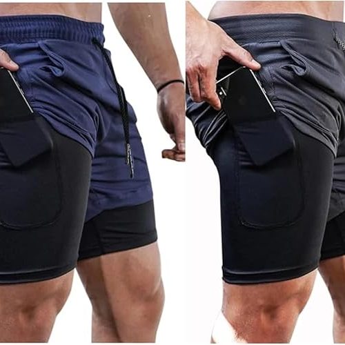 Kit 2 Shorts Masculino 2 em 1 Forrado G Preto e Azul