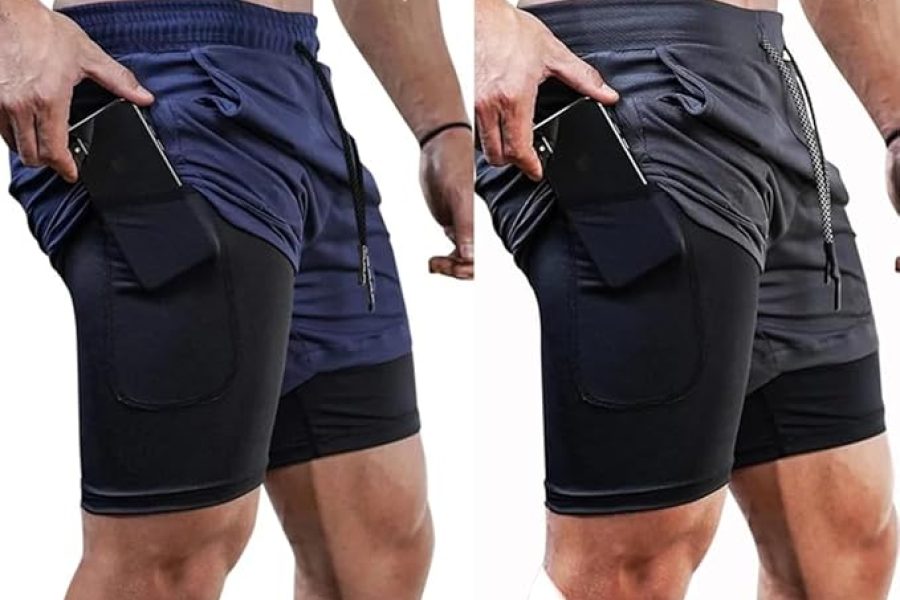 Kit 2 Shorts Masculino 2 em 1 Forrado G Preto e Azul